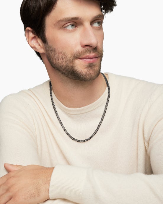 Curb Chain Necklace in Sterling Silver with Black Diamonds, 6mm