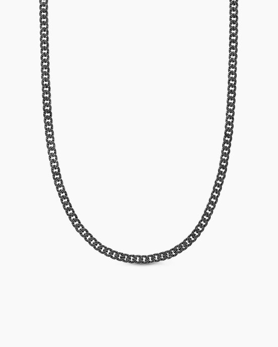 Curb Chain Necklace in Sterling Silver with Black Diamonds, 6mm