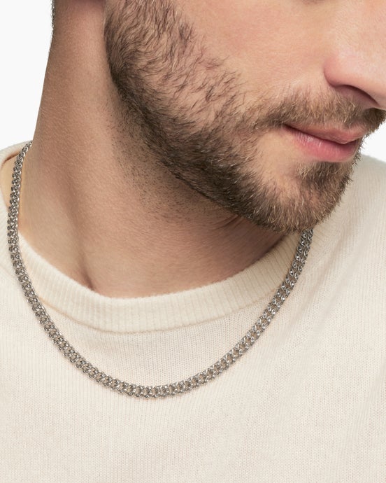 Curb Chain Necklace in Sterling Silver with Pavé Diamonds