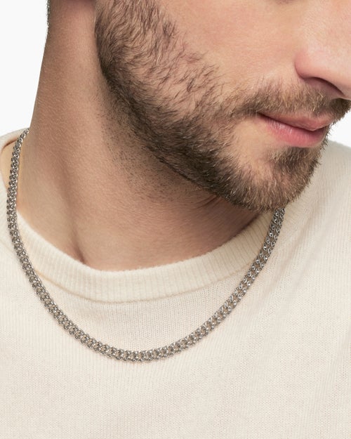 Mens Curb Chain Necklace in Sterling Silver with Diamonds, 6mm