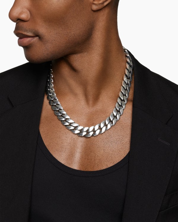 Curb Chain Necklace in Sterling Silver with Black Diamonds, 18mm