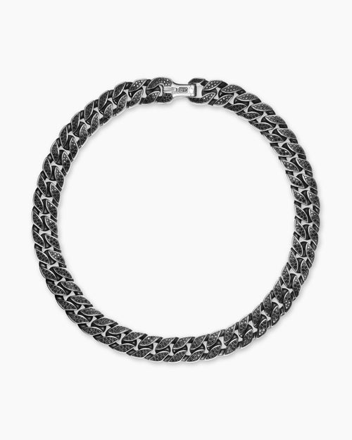 Mens Curb Chain Necklace in Sterling Silver with Black Diamonds, 18mm