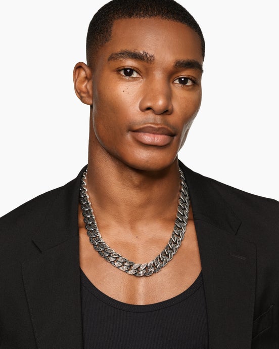 Curb Chain Necklace in Sterling Silver with Black Diamonds, 18mm