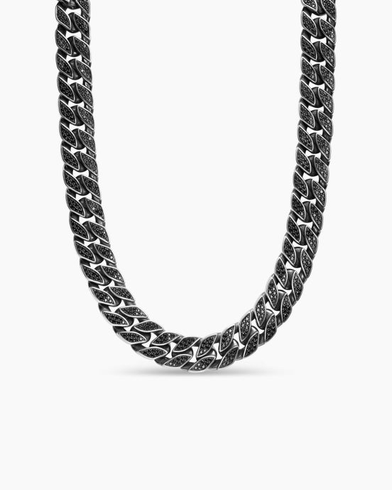 Curb Chain Necklace in Sterling Silver with Black Diamonds, 18mm