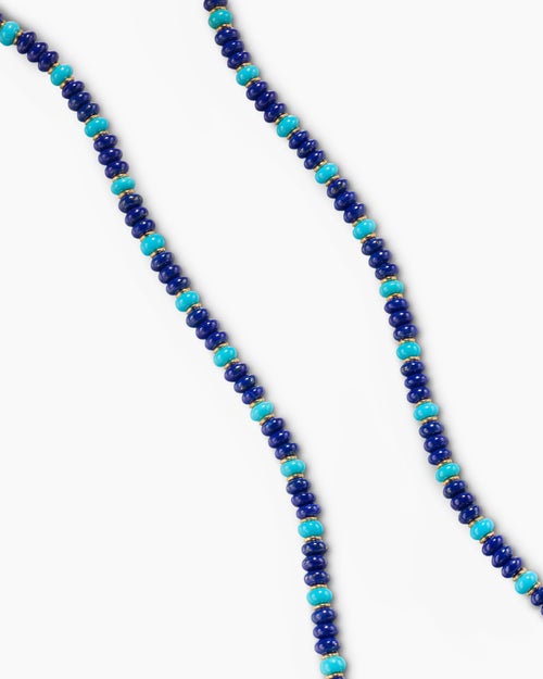 Mens Spiritual Beads Necklace in 18K Yellow Gold with Lapis and Turquoise, 4mm