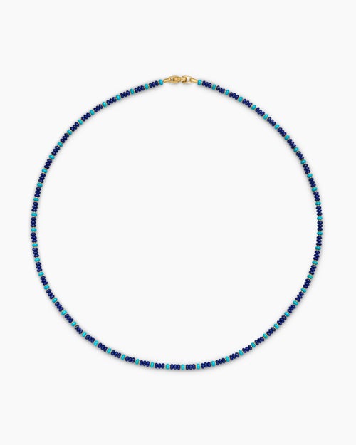 Mens Spiritual Beads Necklace in 18K Yellow Gold with Lapis and Turquoise, 4mm