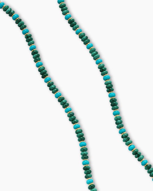 Mens Spiritual Beads Necklace in 18K Yellow Gold with Malachite and Turquoise, 4mm