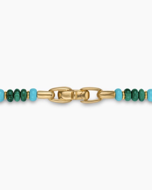 Mens Spiritual Beads Necklace in 18K Yellow Gold with Malachite and Turquoise, 4mm