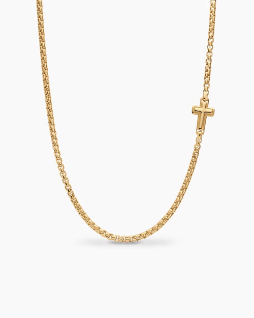 Mens Cross Station Necklace in 18K Yellow Gold, 3.4mm