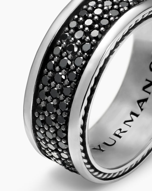 Mens Streamline® Pavé Three Row Band Ring in Sterling Silver with Black Diamonds, 8.5mm
