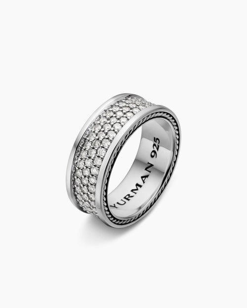Mens Streamline® Pavé Three Row Band Ring in Sterling Silver with Diamonds, 8.5mm