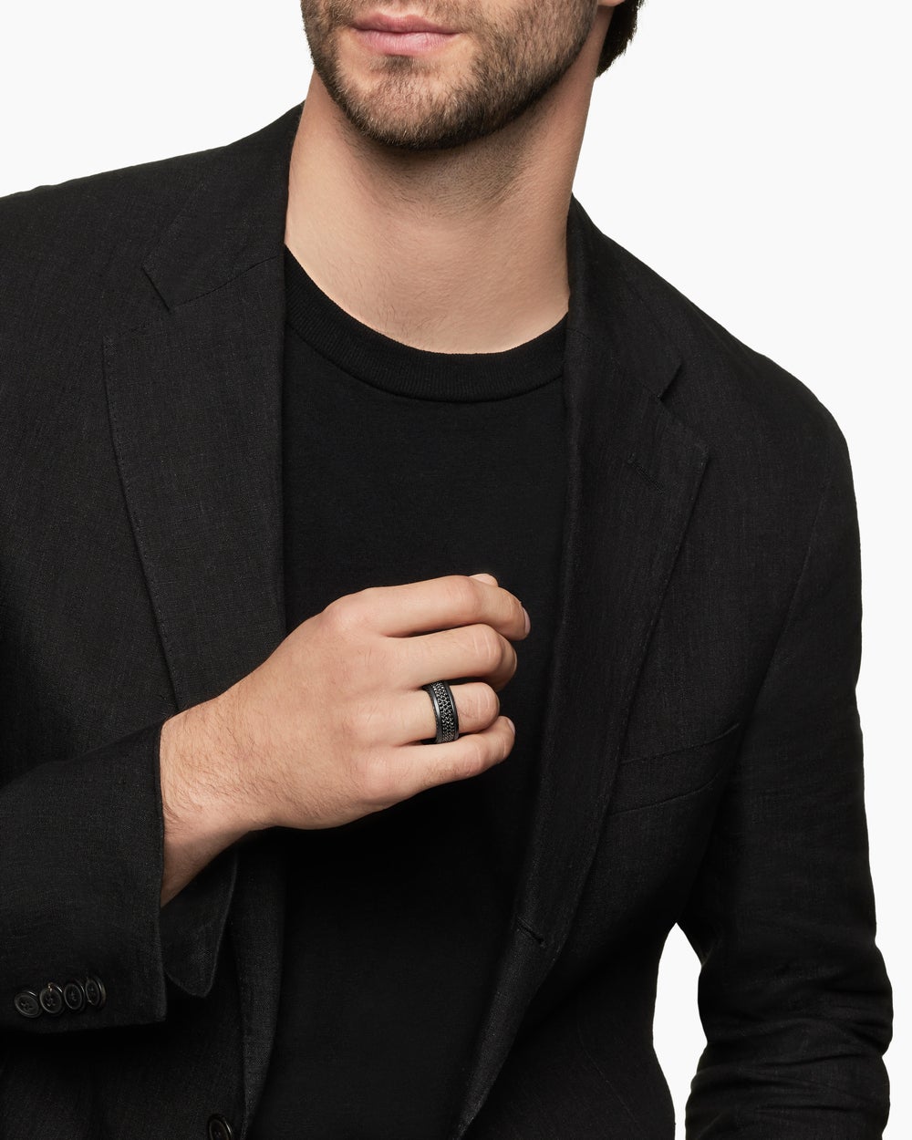 Mens Streamline Pavé Three Row Band Ring in Black Titanium with, 8.5mm