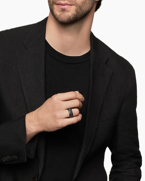 Mens Streamline Pavé Three Row Band Ring in Black Titanium with, 8.5mm