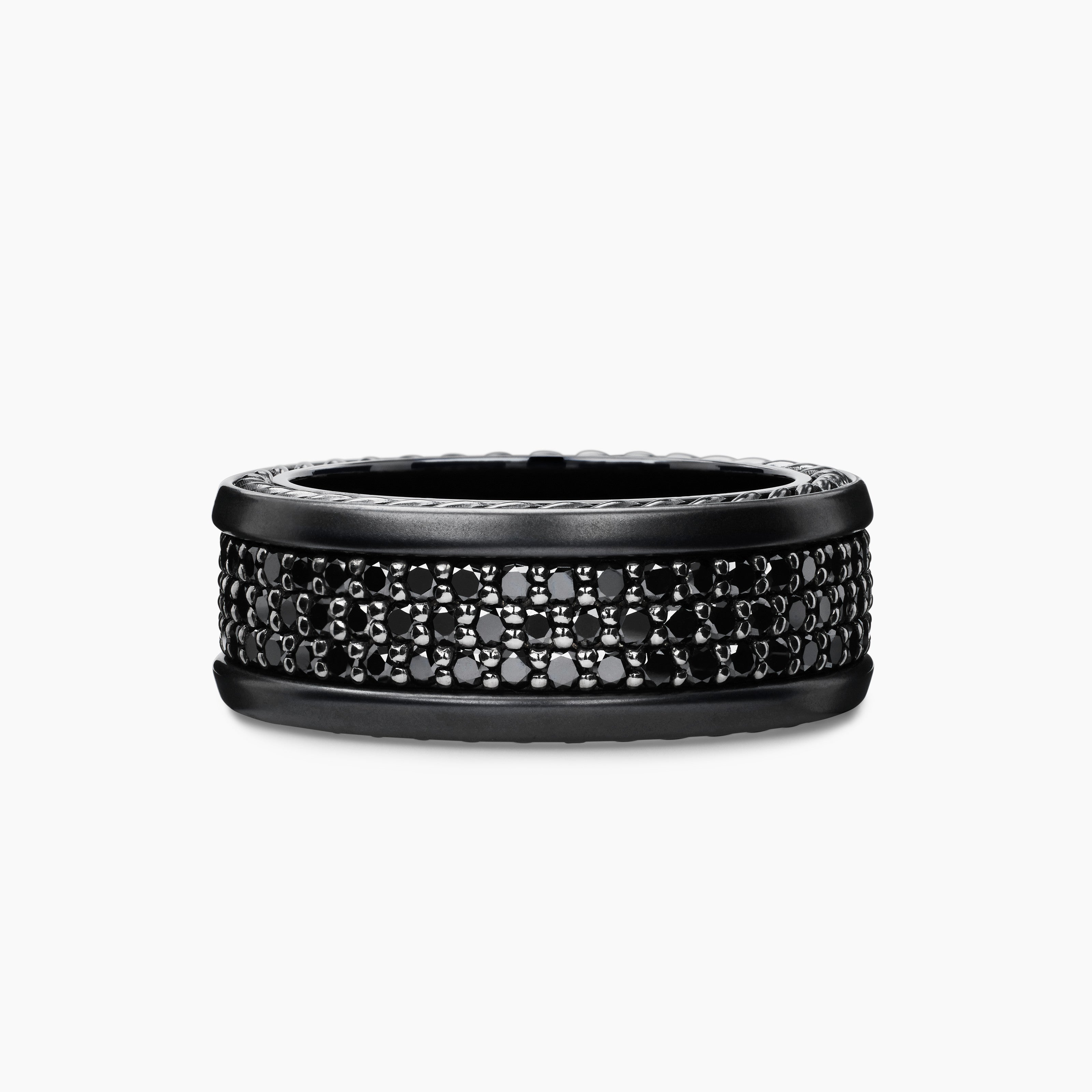 Mens Streamline Pav&eacute; Three Row Band Ring in Black Titanium with, 8.5mm