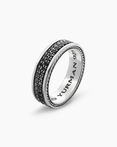 Mens Streamline® Two Row Band Ring in Sterling Silver with Black Diamonds, 6.5mm
