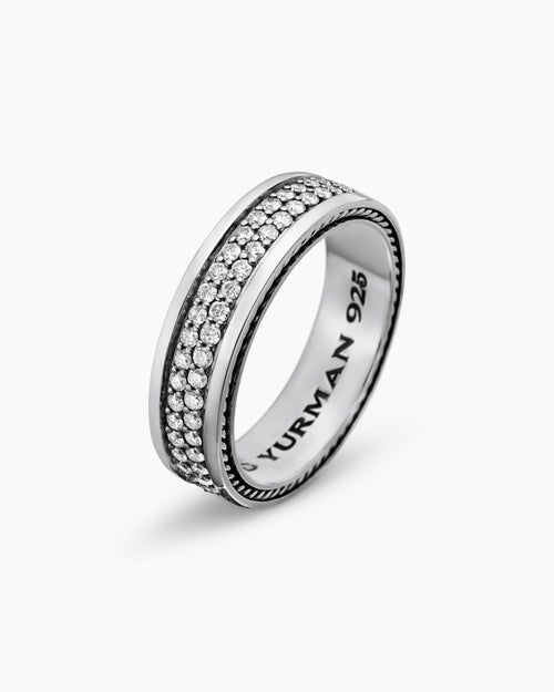 Mens Streamline® Two Row Band Ring in Sterling Silver with Diamonds, 6.5mm