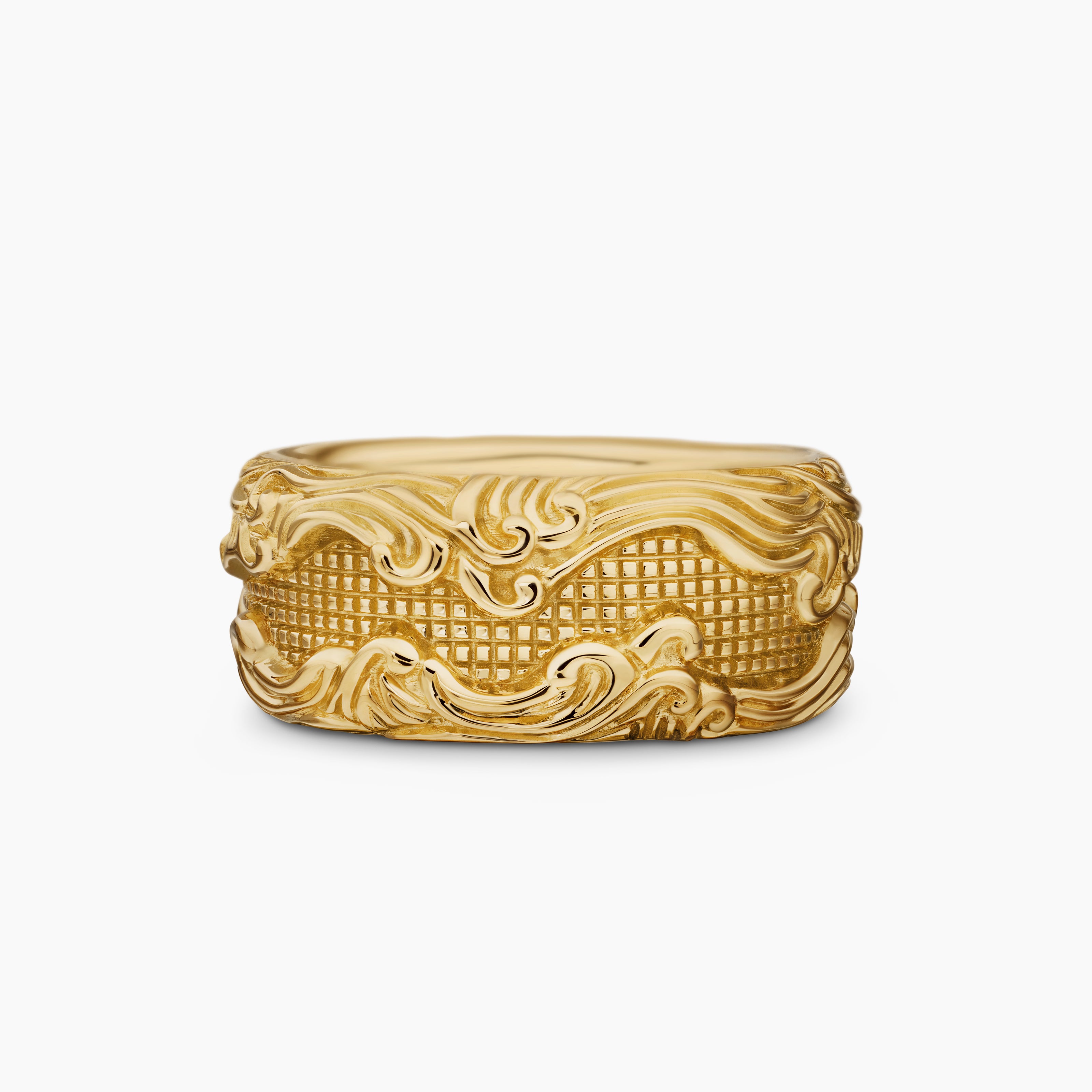 Mens Waves Band Ring in 18K Yellow Gold, 10.5mm
