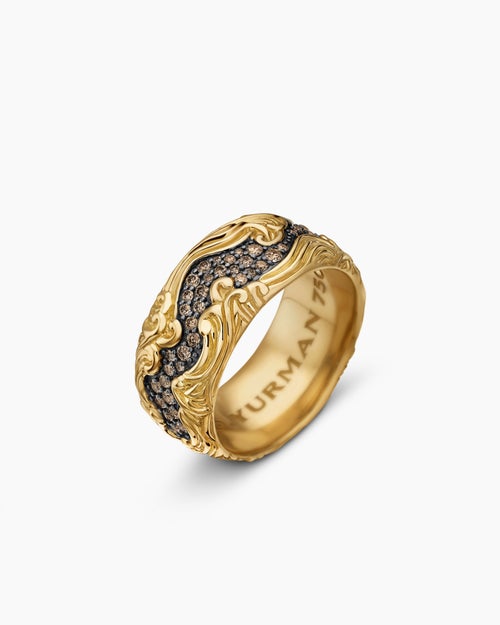 Mens Waves Band Ring in 18K Yellow Gold with Cognac Diamonds, 10.5mm