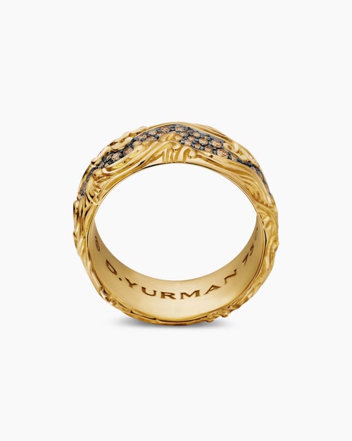 Mens Waves Band Ring in 18K Yellow Gold with Cognac Diamonds, 10.5mm