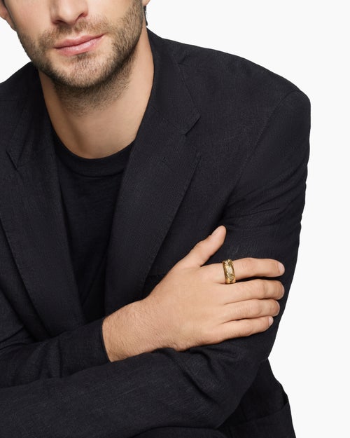 Mens Waves Band Ring in 18K Yellow Gold with Cognac Diamonds, 10.5mm