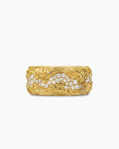 Mens Waves Band Ring in 18K Yellow Gold with Diamonds, 10.5mm