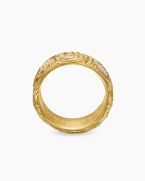 Mens Waves Band Ring in 18K Yellow Gold with Diamonds, 10.5mm