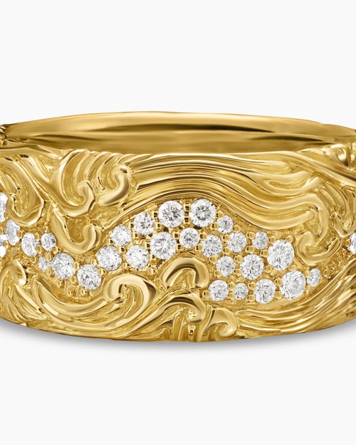 Mens Waves Band Ring in 18K Yellow Gold with Diamonds, 10.5mm