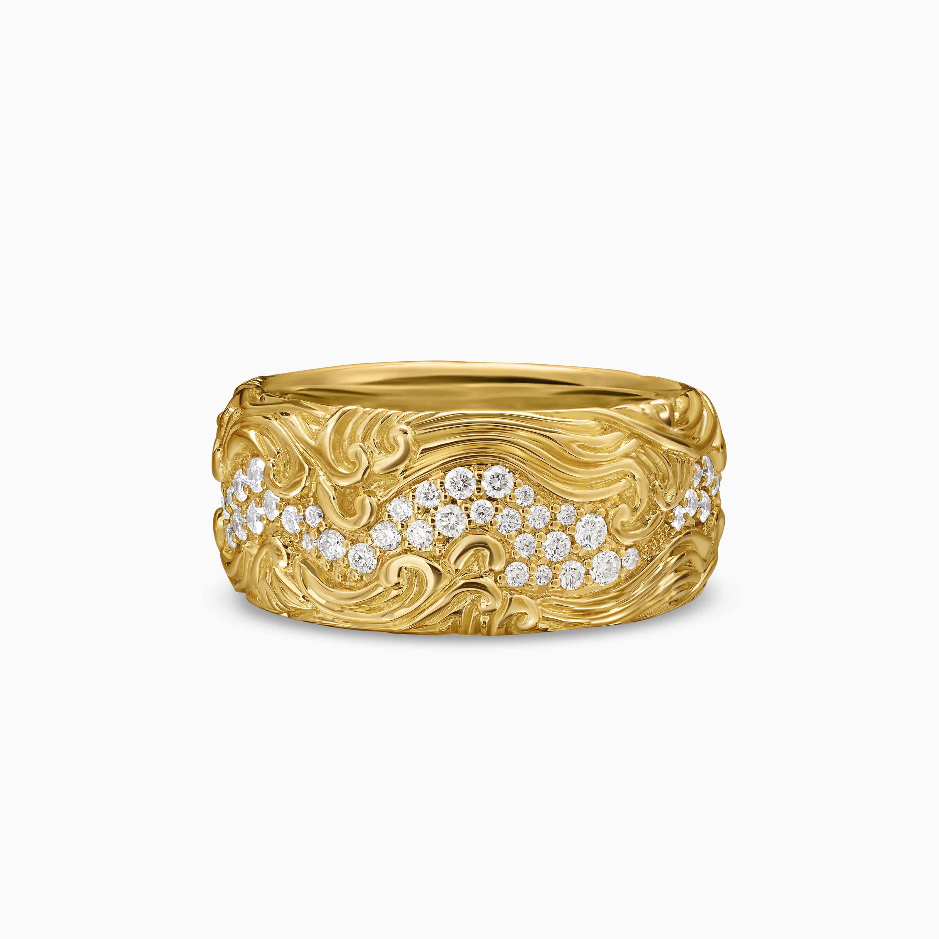 Mens Waves Band Ring in 18K Yellow Gold, 10.5mm