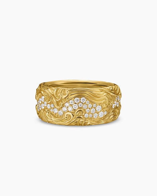 Mens Waves Band Ring in 18K Yellow Gold, 10.5mm