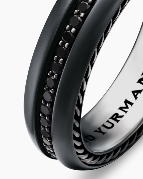 Mens Streamline® Band Ring in Black Titanium with Black Diamonds, 6mm
