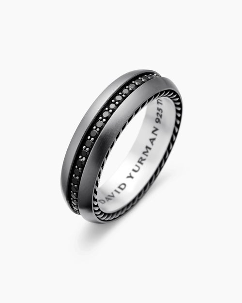 Mens Streamline® Band Ring in Grey Titanium with Black Diamonds, 6mm