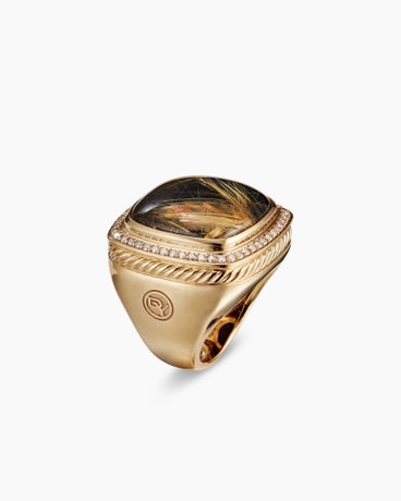 Albion® Statement Ring  in 18K Yellow Gold with Rutilated Quartz and Pavé Cognac Diamonds, 20mm