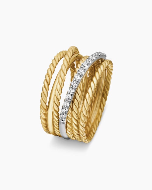 Womens Crossover Ring in 18K Yellow Gold with Diamonds, 12mm