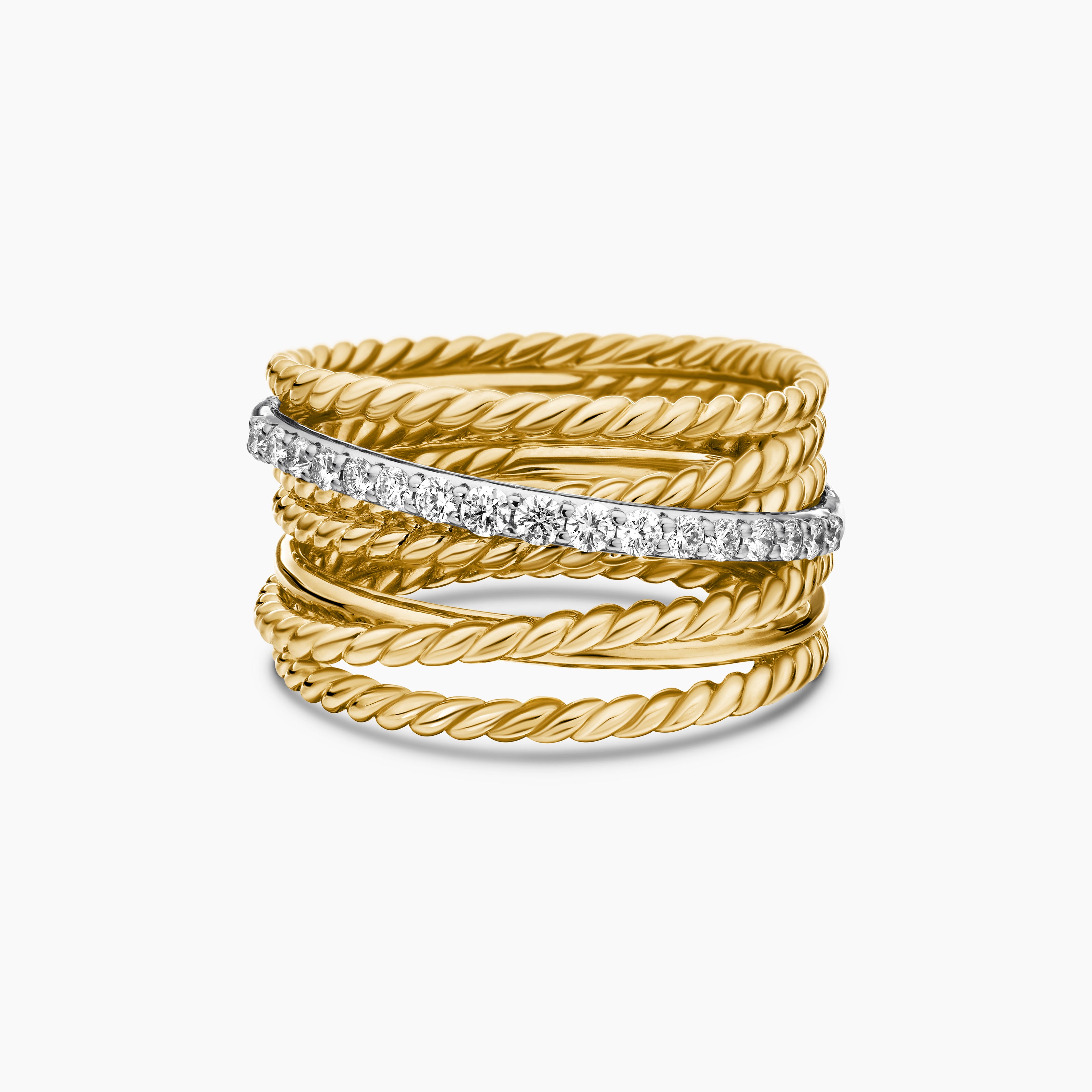 Womens Crossover Ring in 18K Yellow Gold with Diamonds, 12mm