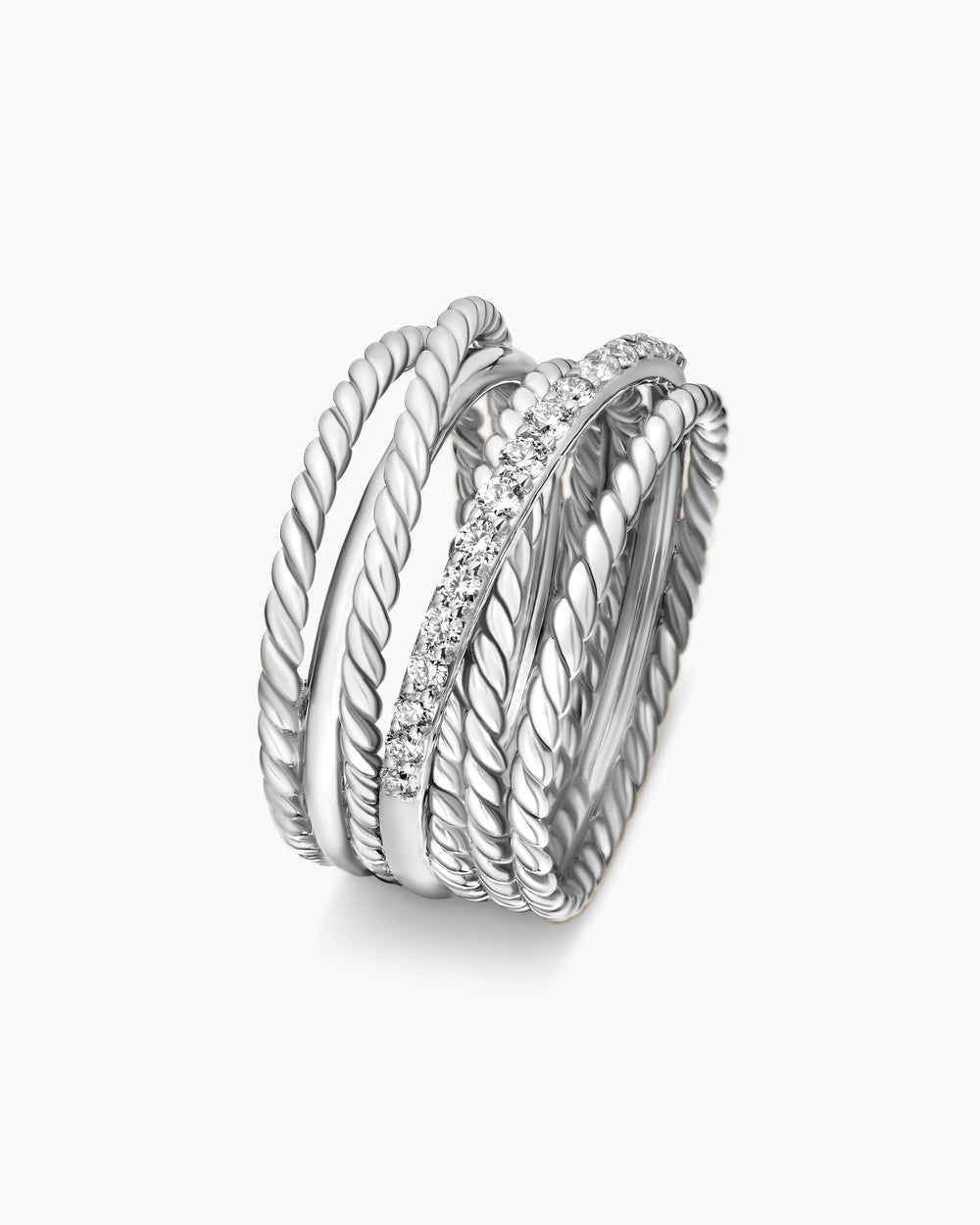 Womens Crossover Ring in Sterling Silver with Diamonds, 12mm