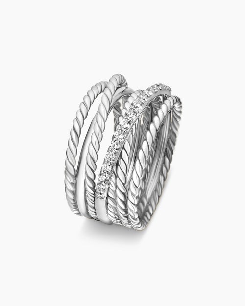 Womens Crossover Ring in Sterling Silver with Diamonds, 12mm