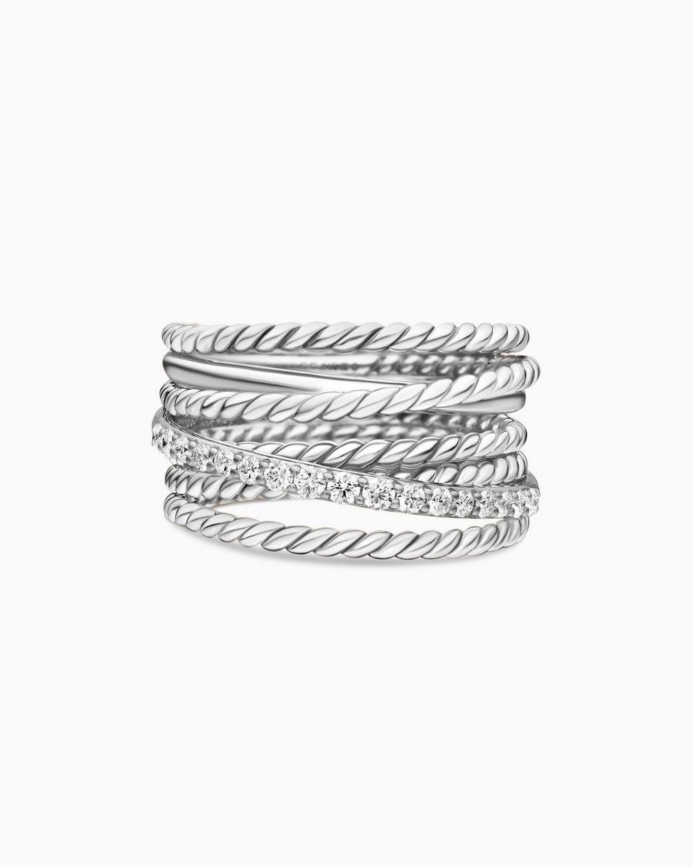 Womens Crossover Ring in Sterling Silver with Diamonds, 12mm