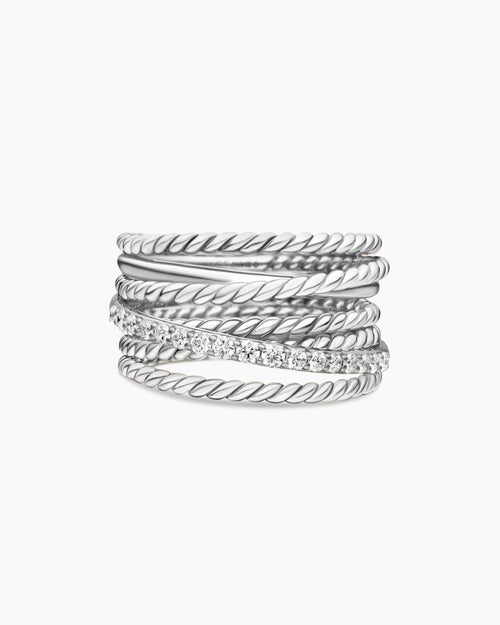 Womens Crossover Ring in Sterling Silver with Diamonds, 12mm