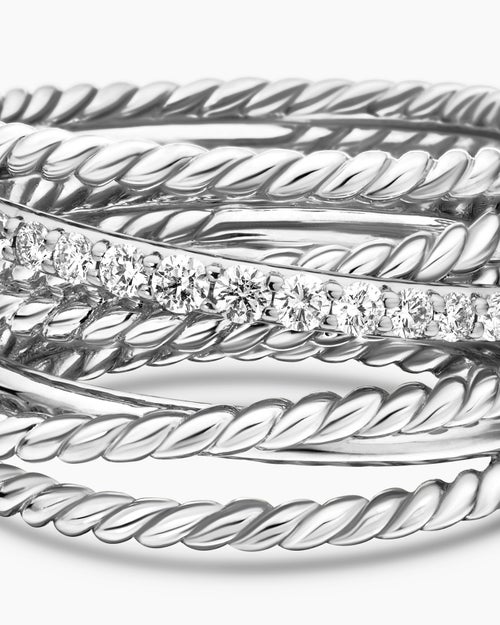 Womens Crossover Ring in Sterling Silver with Diamonds, 12mm