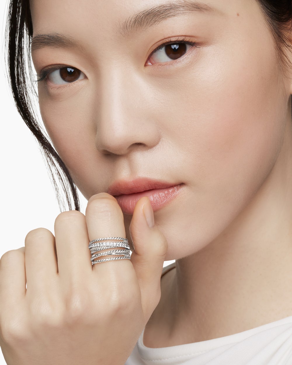 Womens Crossover Ring in Sterling Silver with Diamonds, 12mm