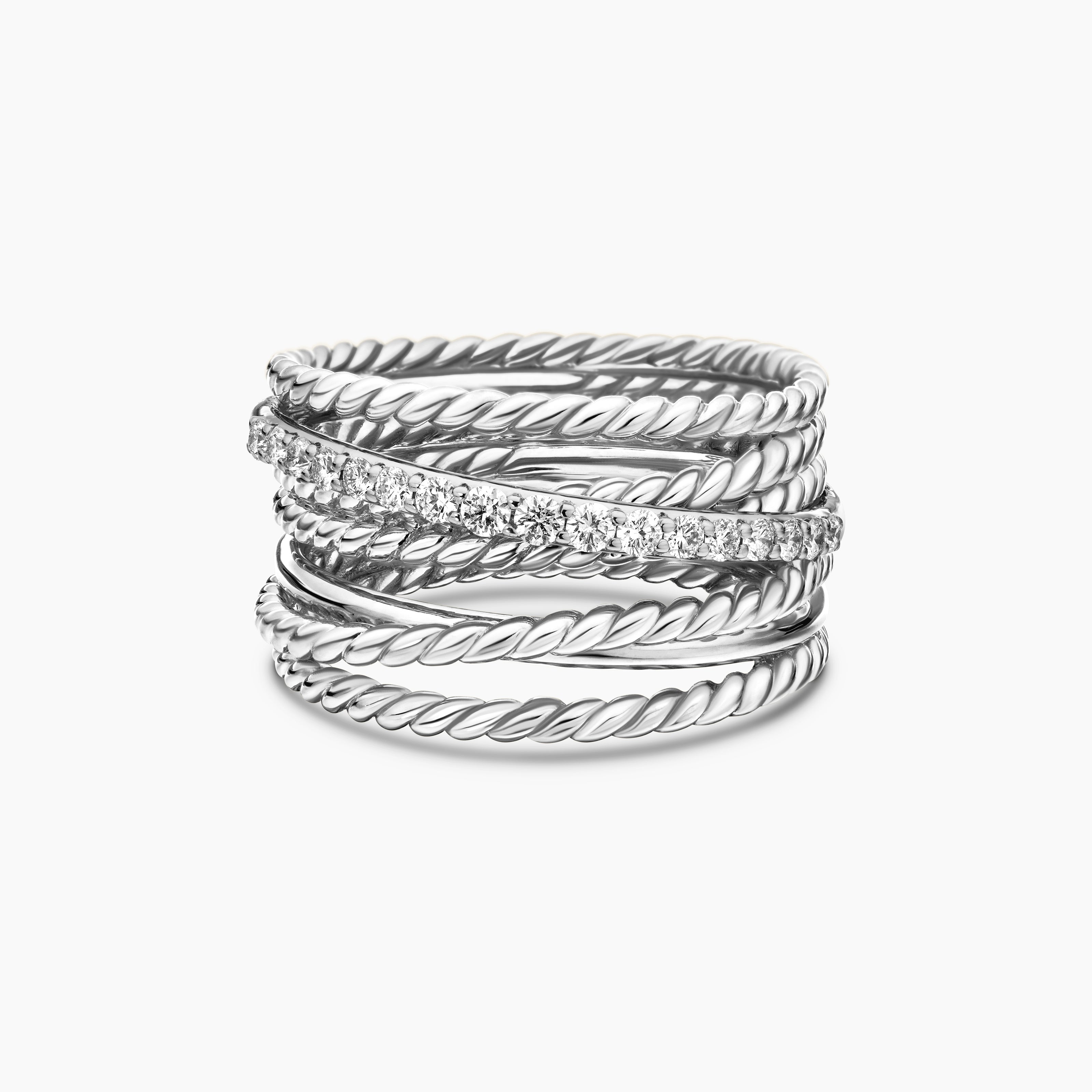 Womens Crossover Ring in Sterling Silver with Diamonds, 12mm