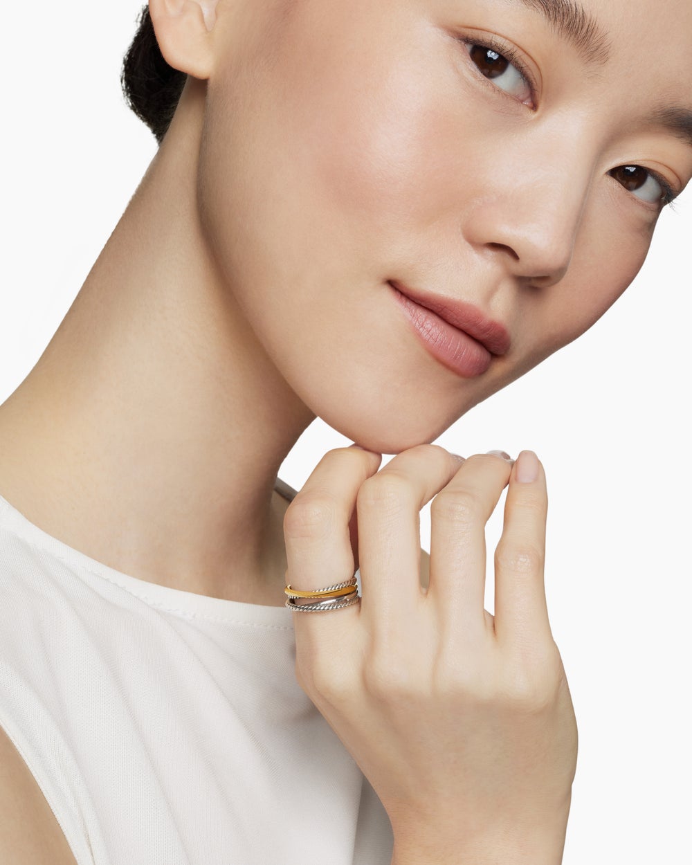 Womens Crossover Band Ring in Sterling Silver with 18K Yellow Gold, 6.8mm