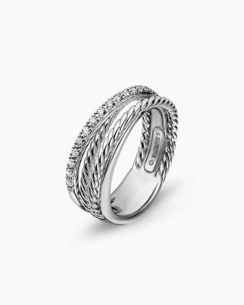 Womens Crossover Band Ring in Sterling Silver with Diamonds, 6.8mm