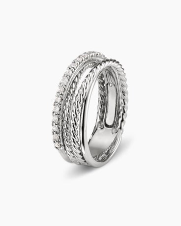 Crossover Band Ring in Sterling Silver with Diamonds, 6.8mm