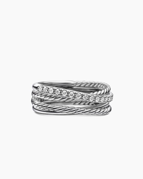 Crossover Band Ring in Sterling Silver with Diamonds, 6.8mm