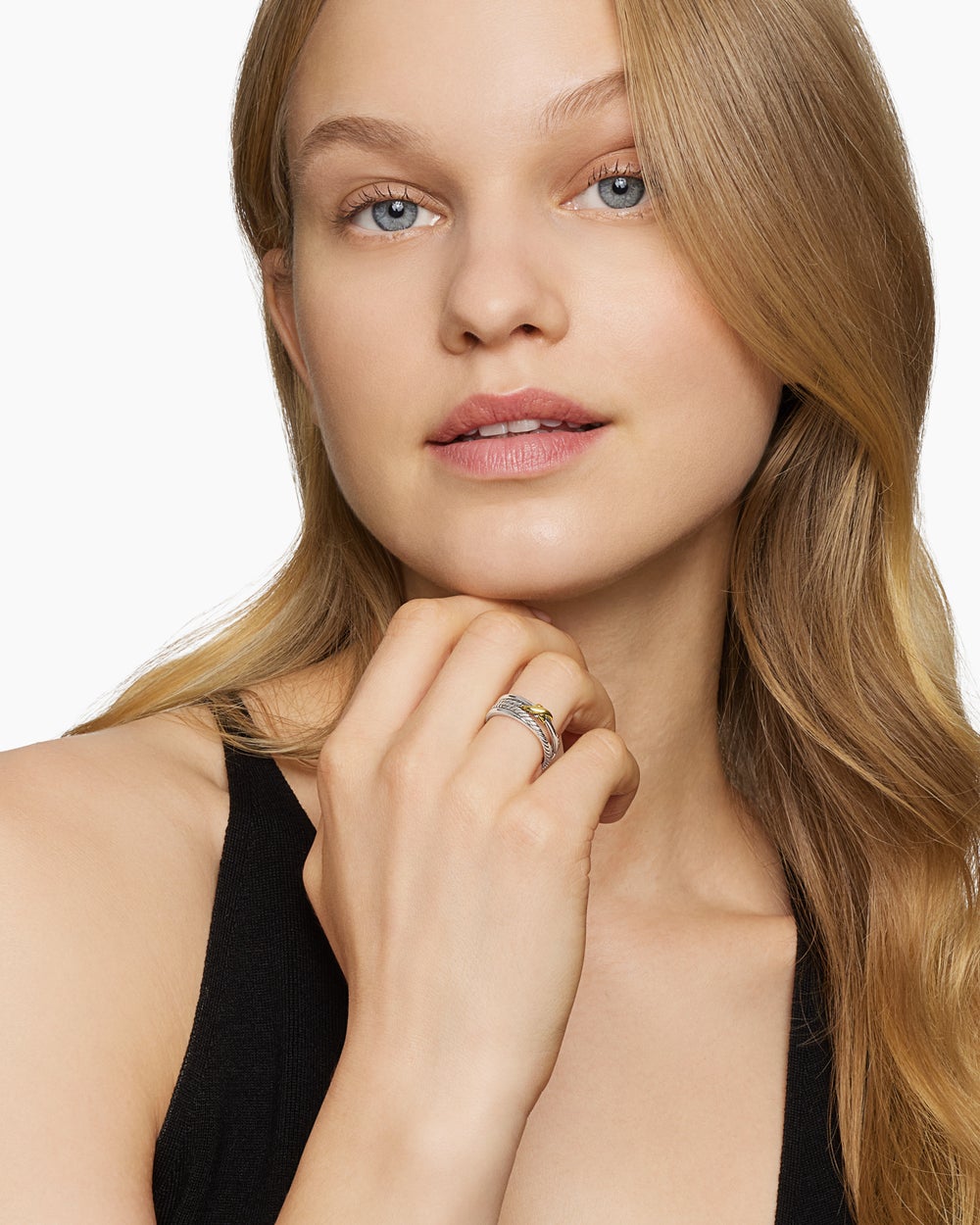 Womens X Crossover Band Ring in Sterling Silver with 18K Yellow Gold, 6mm