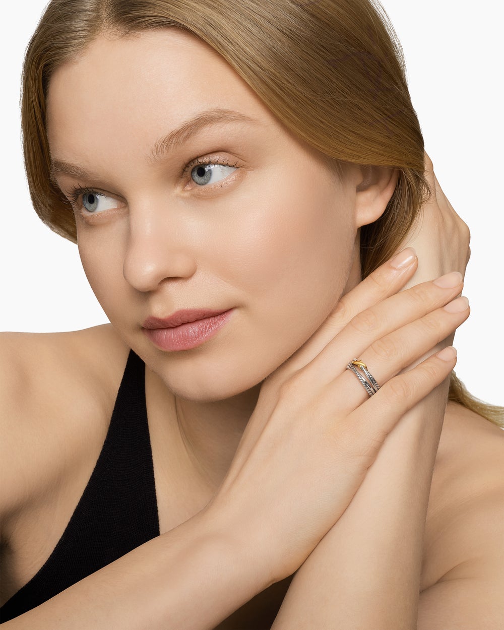 Womens X Crossover Band Ring in Sterling Silver with 18K Yellow Gold, 6mm