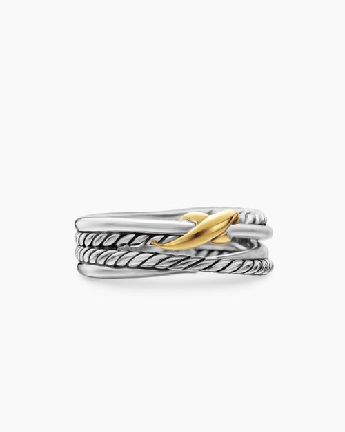 Womens X Crossover Band Ring in Sterling Silver with 18K Yellow Gold, 6mm