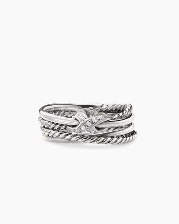 X Crossover Band Ring in Sterling Silver with Pavé Diamonds