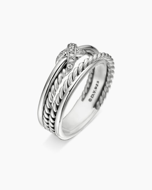 Womens X Crossover Band Ring in Sterling Silver with Diamonds, 6mm